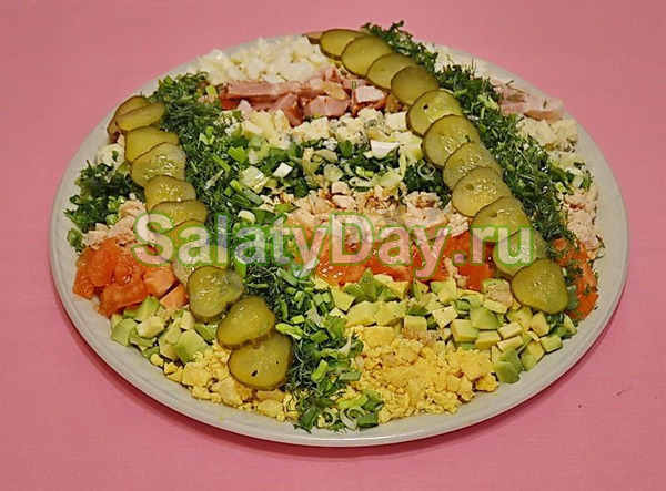 Салат "Кобб" с куриным филе, солеными огурцами, кукурузой и авокадо и без яиц