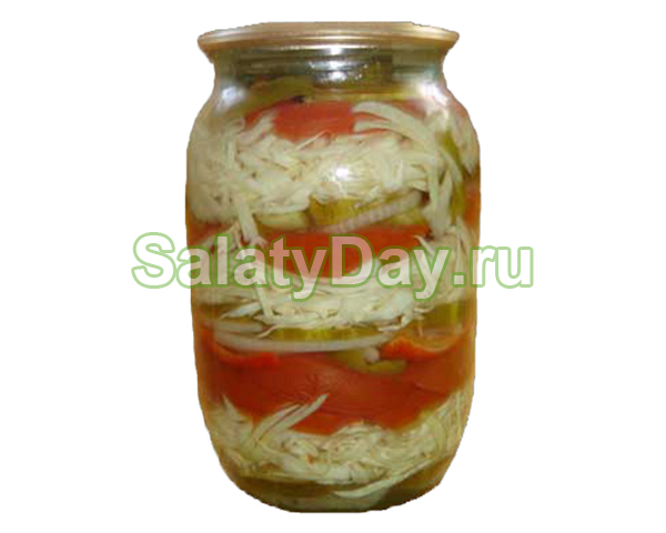 Слоеный салат из капусты с помидорами и огурцами