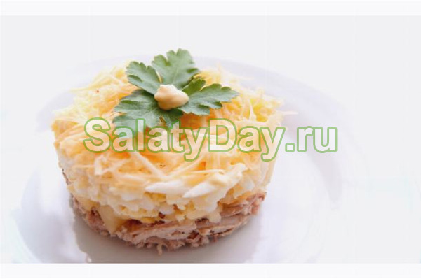 Сырный салат с ананасом – сыр, ветчина и ананас
