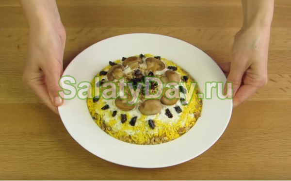 Слоёный салат с курицей и черносливом
